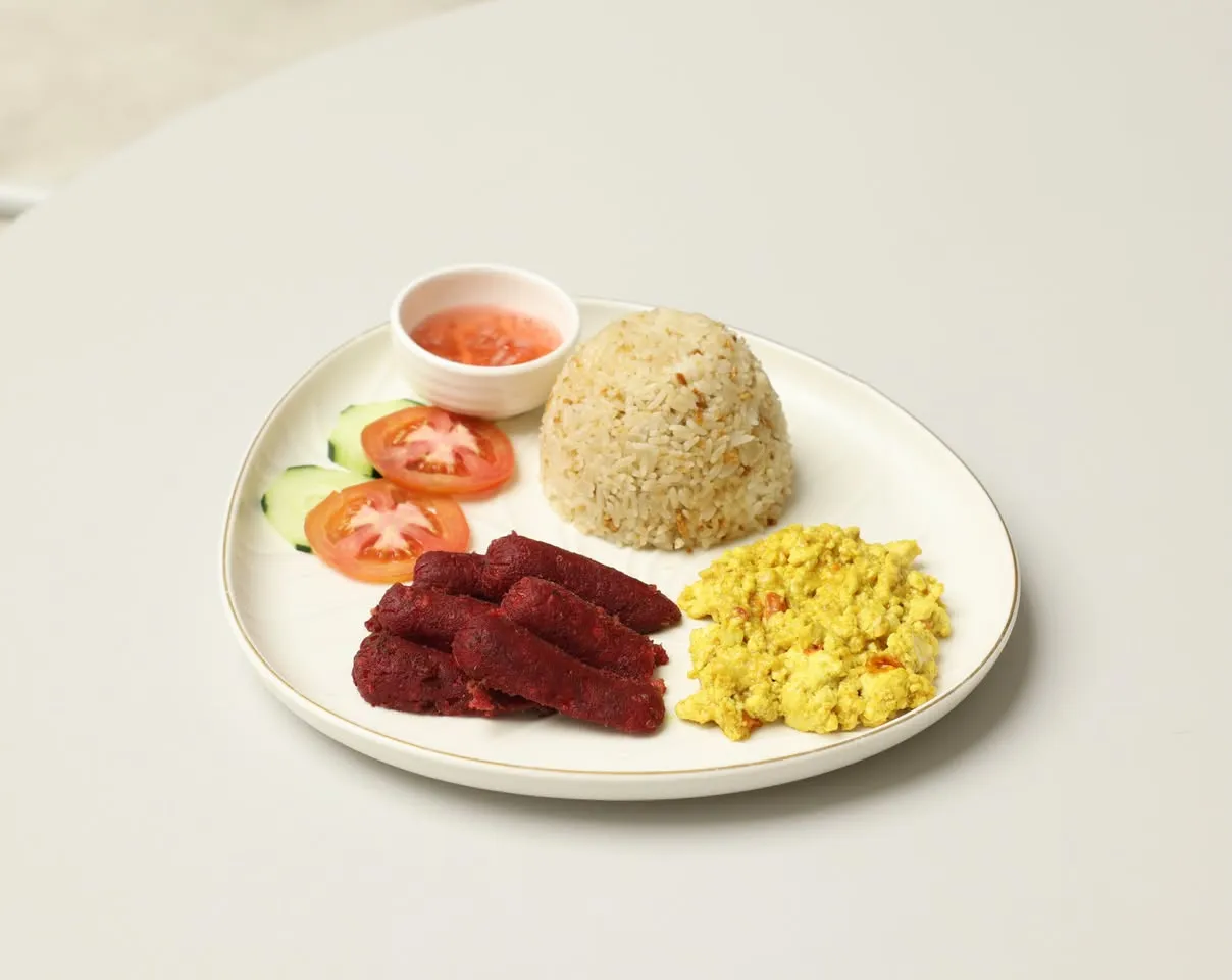 Vegan longganisa breakfast plate with garlic rice, tofu and vegetables
